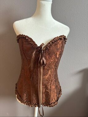 Brown Brocade Strapless Waist-Cinching Corset Top